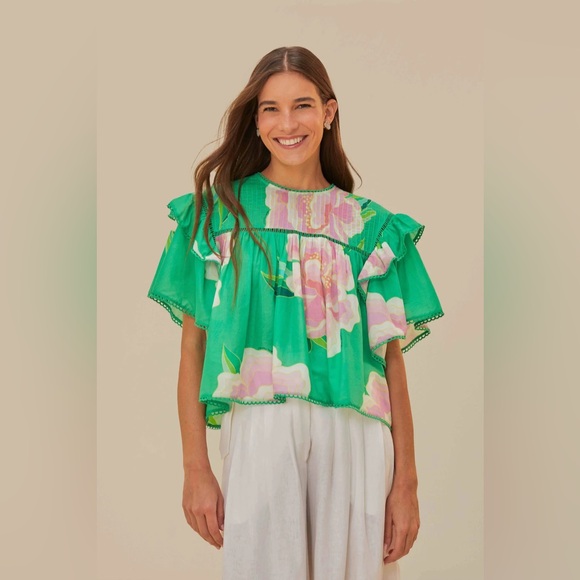 FARM Rio Tops - FARM RIO Green Floral Vibing Blouse